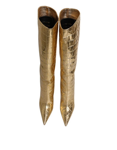 Dolce & Gabbana Gold Leather Stiletto Heels High Boots Shoes - Women’s