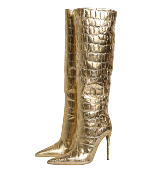 Dolce & Gabbana Gold Leather Stiletto Heels High Boots Shoes - Women’s