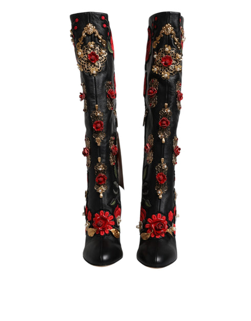 Dolce & Gabbana Black Roses Embellished Leather Heel Boots for Women