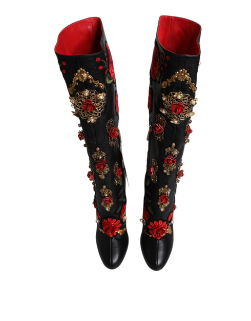 Dolce & Gabbana Black Roses Embellished Leather Heel Boots for Women