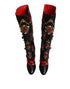 Dolce & Gabbana Black Roses Embellished Leather Heel Boots for Women