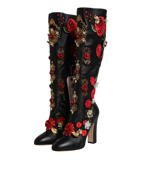 Dolce & Gabbana Black Roses Embellished Leather Heel Boots for Women