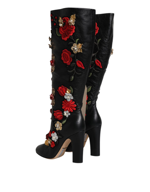 Dolce & Gabbana Black Roses Embellished Leather Heel Boots for Women