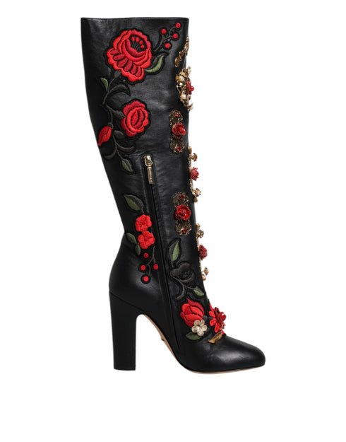 Dolce & Gabbana Black Roses Embellished Leather Heel Boots for Women