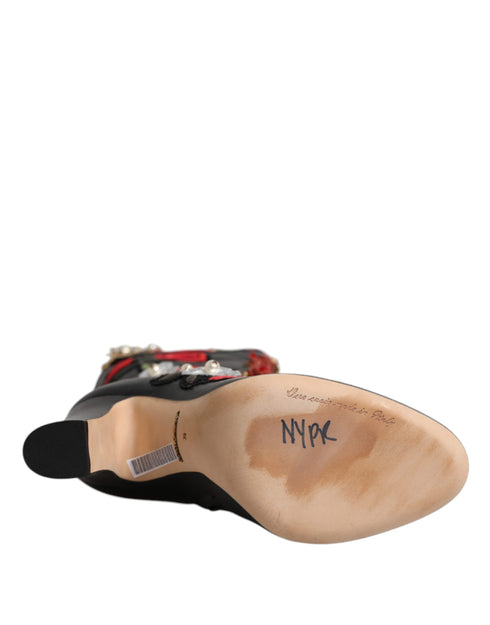 Dolce & Gabbana Black Roses Embellished Leather Heel Boots for Women