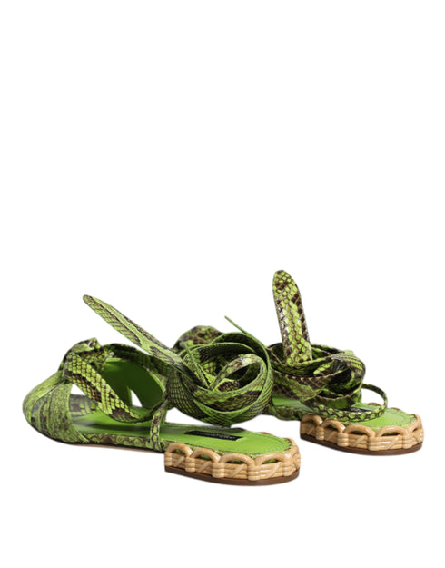 Dolce & Gabbana Green Leather Flat Sandals – Women’s Ankle Wrap Animal Print Shoes