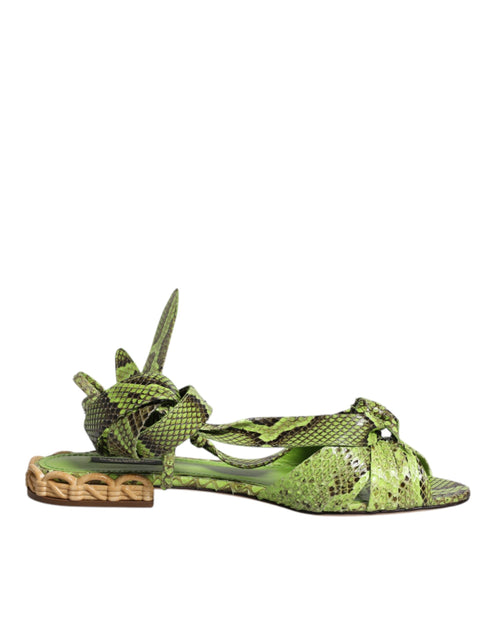 Dolce & Gabbana Green Leather Flat Sandals – Women’s Ankle Wrap Animal Print Shoes