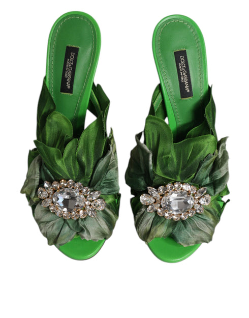 Dolce & Gabbana Keira Slide Sandals – Green Crystal Heeled Silk Slides Women