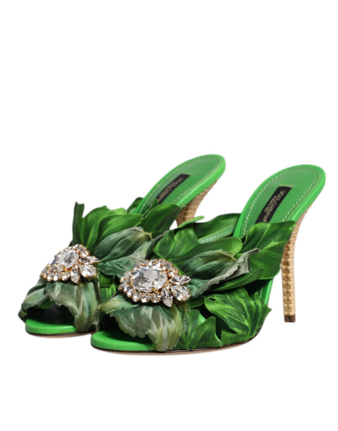 Dolce & Gabbana Keira Slide Sandals – Green Crystal Heeled Silk Slides Women