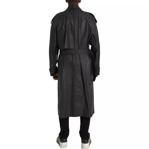 Bottega Veneta Black Leather Men Waterproof Trenchcoat Jacket