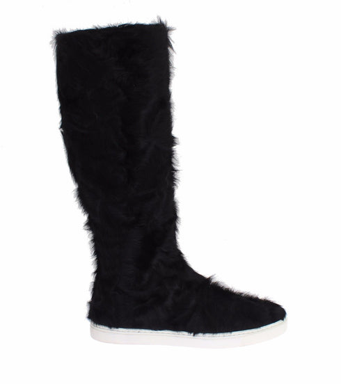 Dolce & Gabbana Black Xiangao Fur Leather Women’s Knee-High Sneaker Boots