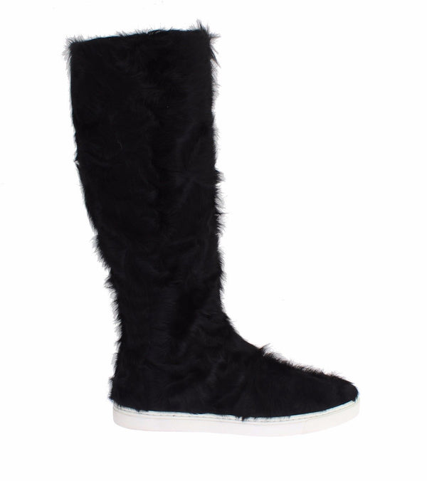 Dolce & Gabbana Black Xiangao Fur Leather Women’s Knee-High Sneaker Boots