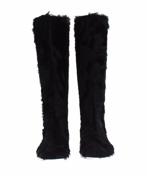 Dolce & Gabbana Black Xiangao Fur Leather Women’s Knee-High Sneaker Boots
