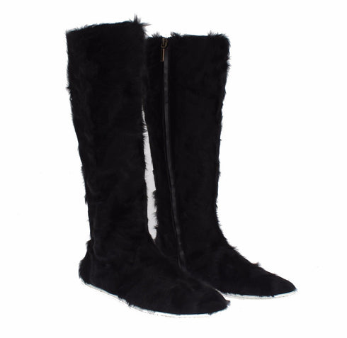 Dolce & Gabbana Black Xiangao Fur Leather Women’s Knee-High Sneaker Boots