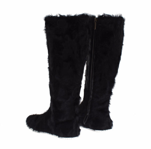Dolce & Gabbana Black Xiangao Fur Leather Women’s Knee-High Sneaker Boots