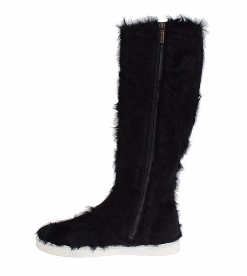Dolce & Gabbana Black Xiangao Fur Leather Women’s Knee-High Sneaker Boots