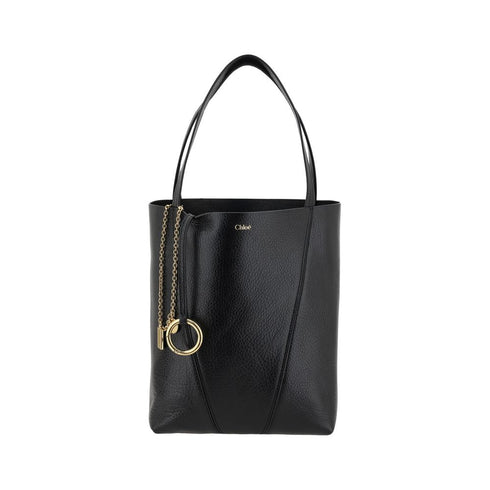 Chloé Spin Black Grained Leather Shoulder Tote Bag with Gold Charm for Women