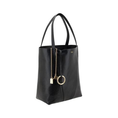 Chloé Spin Black Grained Leather Shoulder Tote Bag with Gold Charm for Women
