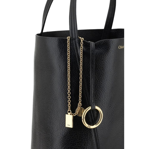 Chloé Spin Black Grained Leather Shoulder Tote Bag with Gold Charm for Women