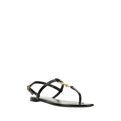 Saint Laurent Cassandra Flats Sandals in Black Calfskin Leather - Women’s