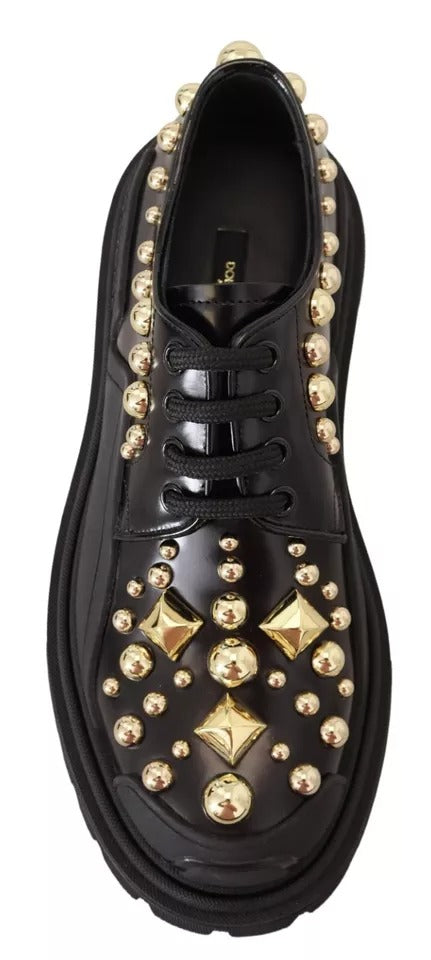 Dolce & Gabbana Black Leather Trekking Derby Shoes with Gold Studs