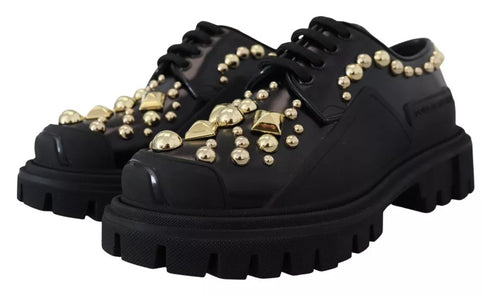 Dolce & Gabbana Black Leather Trekking Derby Shoes with Gold Studs
