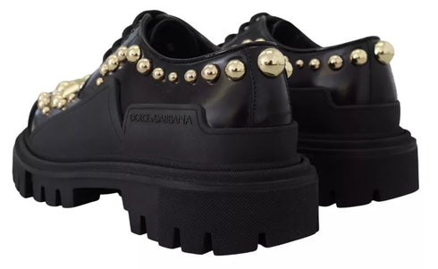 Dolce & Gabbana Black Leather Trekking Derby Shoes with Gold Studs