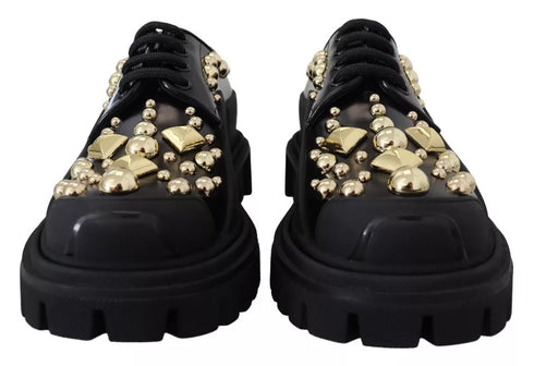 Dolce & Gabbana Black Leather Trekking Derby Shoes with Gold Studs
