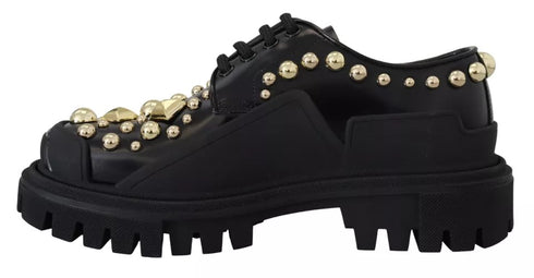 Dolce & Gabbana Black Leather Trekking Derby Shoes with Gold Studs