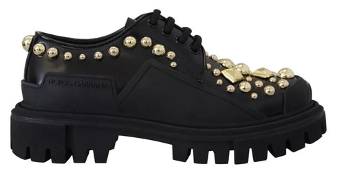 Dolce & Gabbana Black Leather Trekking Derby Shoes with Gold Studs
