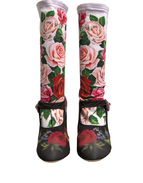 Dolce & Gabbana Floral Socks Boots Black Jersey Crystal Women’s Shoes