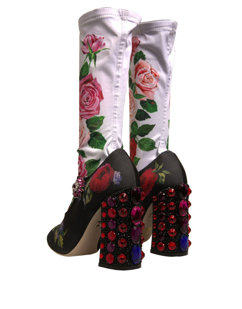Dolce & Gabbana Floral Socks Boots Black Jersey Crystal Women’s Shoes
