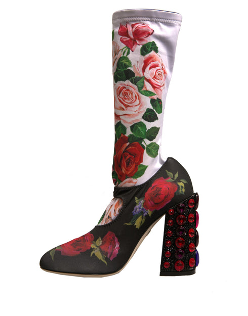 Dolce & Gabbana Floral Socks Boots Black Jersey Crystal Women’s Shoes
