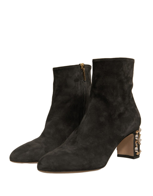 Dolce & Gabbana Brown Suede and Leather Ankle Boots with Crystal Embellished Block Heel - Women’s