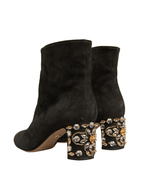 Dolce & Gabbana Brown Suede and Leather Ankle Boots with Crystal Embellished Block Heel - Women’s