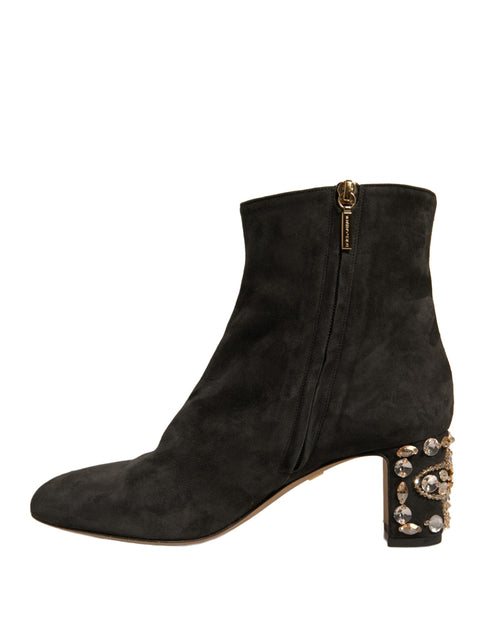 Dolce & Gabbana Brown Suede and Leather Ankle Boots with Crystal Embellished Block Heel - Women’s