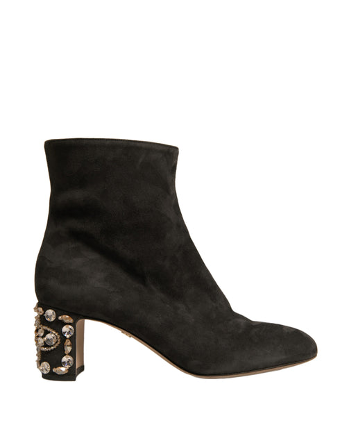Dolce & Gabbana Brown Suede and Leather Ankle Boots with Crystal Embellished Block Heel - Women’s