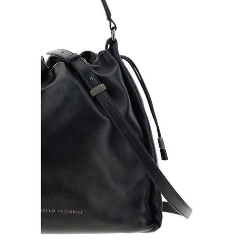 Brunello Cucinelli Mellow Bucket Bag in Black Calf Leather – Women’s Drawstring Tote