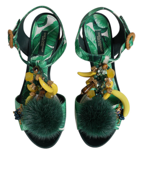 Dolce & Gabbana Green Embellished Women's Heeled Sandals – Silk, Fur & Leather