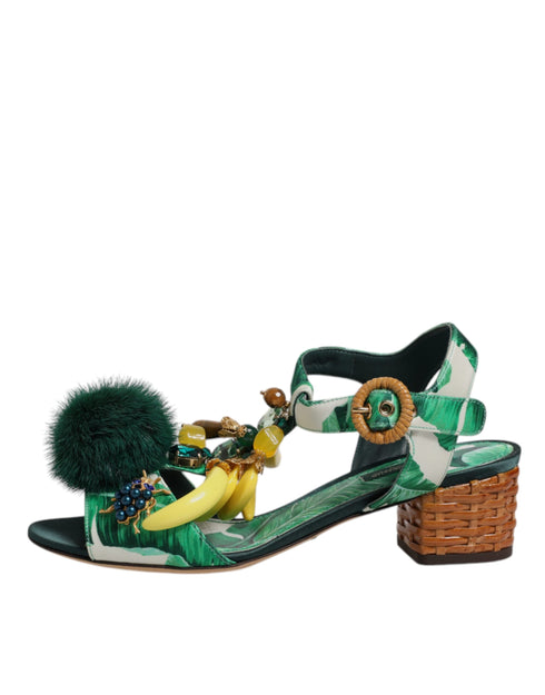 Dolce & Gabbana Green Embellished Women's Heeled Sandals – Silk, Fur & Leather