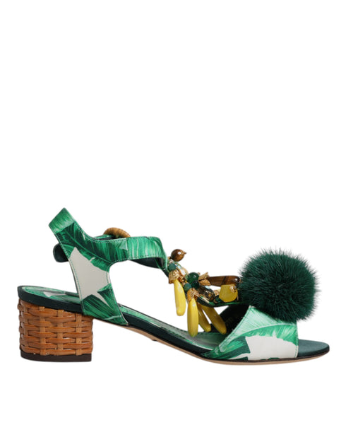 Dolce & Gabbana Green Embellished Women's Heeled Sandals – Silk, Fur & Leather