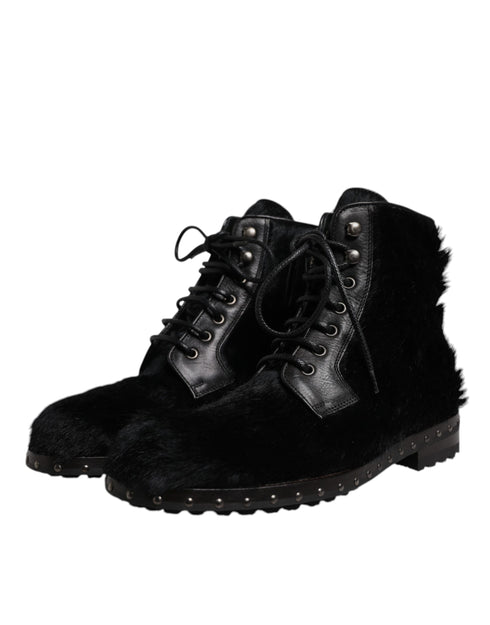 Dolce & Gabbana Black Pony Style Leather Mid Calf Boots Shoes