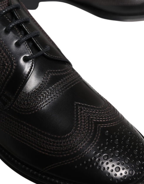 Dolce & Gabbana Black Embroidered Classic Leather Derby Dress Shoes