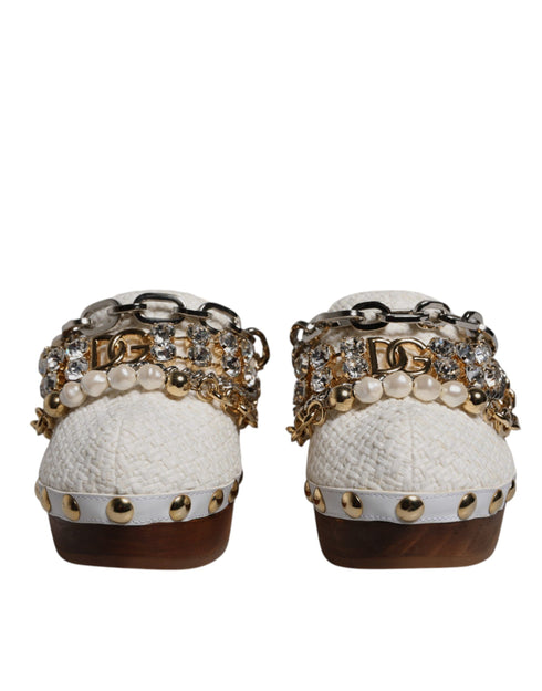 Dolce & Gabbana Raffia Clogs Sandals – White Bejeweled Chain Leather Platform Mules for Women