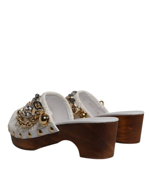Dolce & Gabbana Raffia Clogs Sandals – White Bejeweled Chain Leather Platform Mules for Women