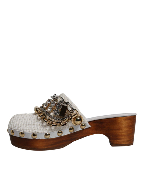 Dolce & Gabbana Raffia Clogs Sandals – White Bejeweled Chain Leather Platform Mules for Women