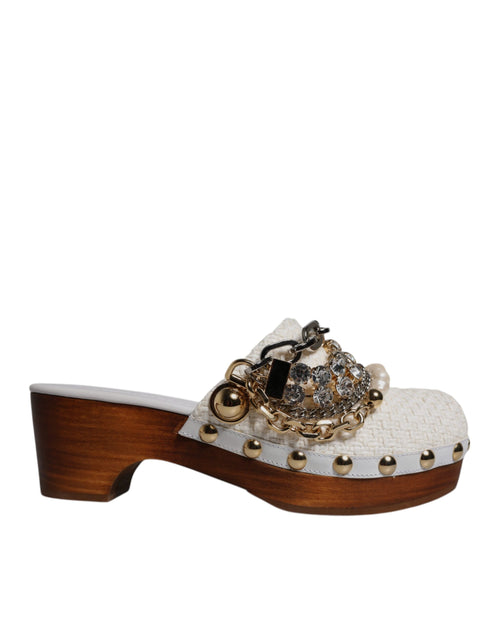 Dolce & Gabbana Raffia Clogs Sandals – White Bejeweled Chain Leather Platform Mules for Women