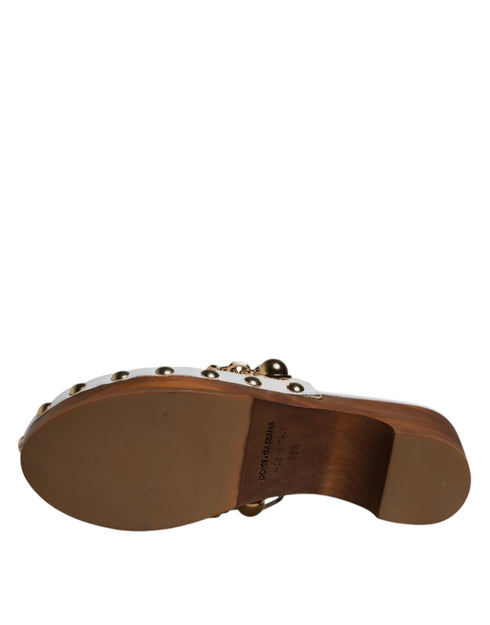 Dolce & Gabbana Raffia Clogs Sandals – White Bejeweled Chain Leather Platform Mules for Women