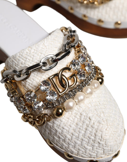 Dolce & Gabbana Raffia Clogs Sandals – White Bejeweled Chain Leather Platform Mules for Women