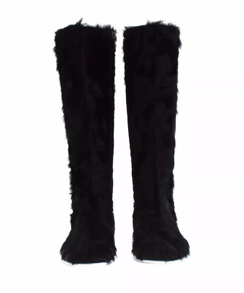 Dolce & Gabbana Xiangao Fur Flat Boots Black Leather Women’s